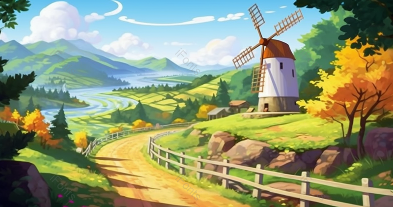 田野乡村河流树木风车自然美景图片背景,插画/手绘图,插画/手绘图库,插画/手绘图下载,插画/手绘